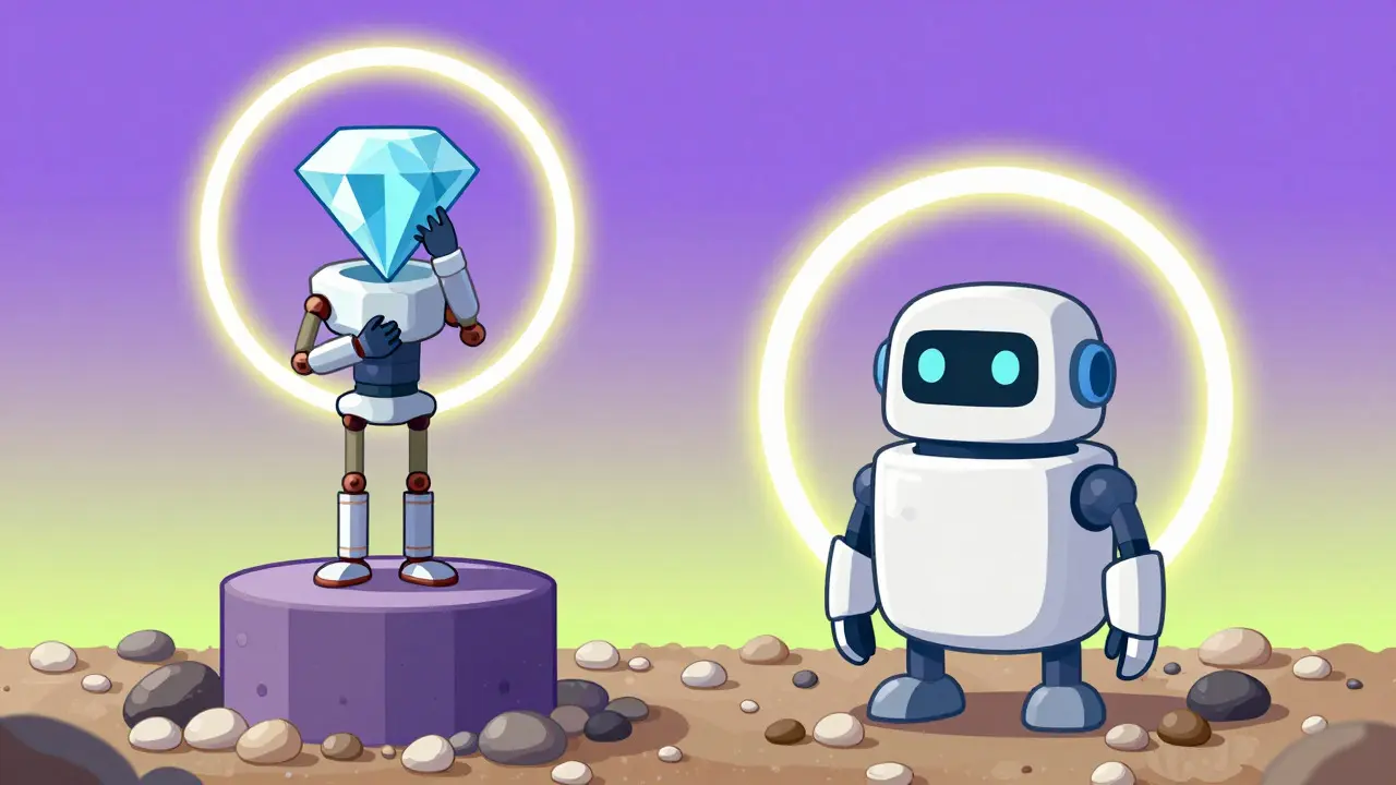 Two cartoon robots of different shapes but equal size rings illustrating market cap equality
