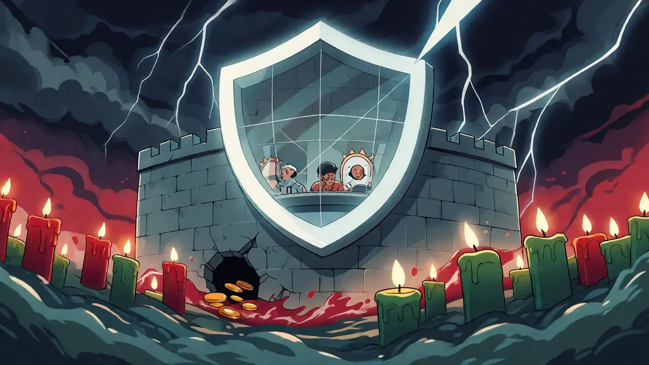 A fortified shield protecting cartoon traders from crashing market waves during a volatile storm.