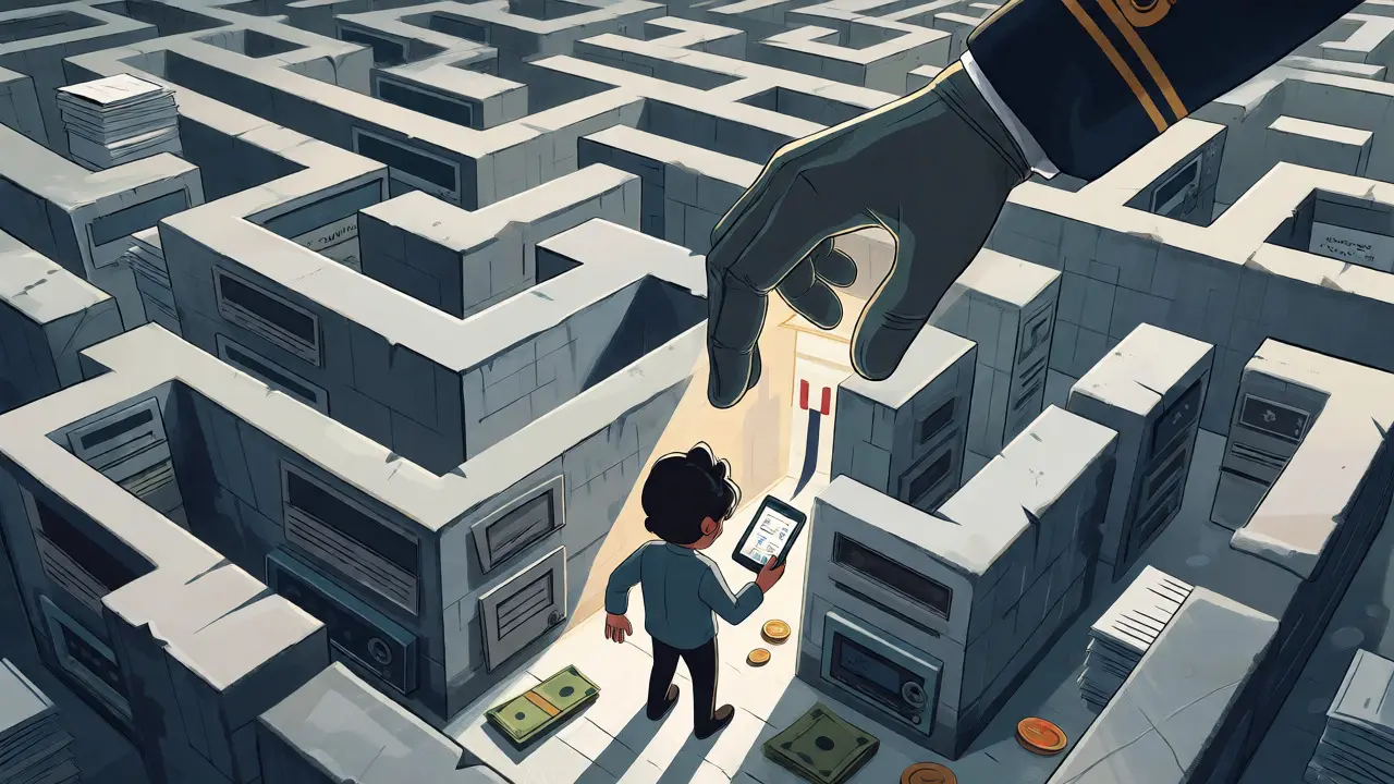 A small citizen navigating a bureaucratic maze under the watchful eye of a large, controlling hand.