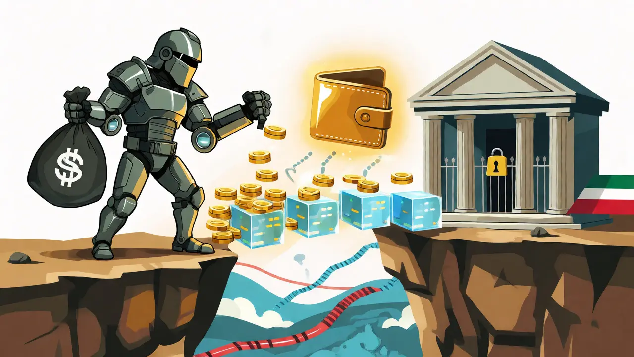 An armored figure moving value across a digital blockchain bridge, bypassing traditional banking restrictions.