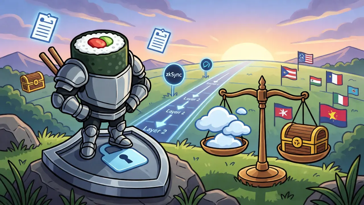Armored sushi character standing on a security shield overlooking a futuristic DeFi roadmap
