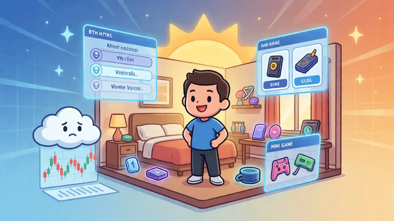 Avatar in an NFT room with holographic menus for governance and games, balancing risk and reward.