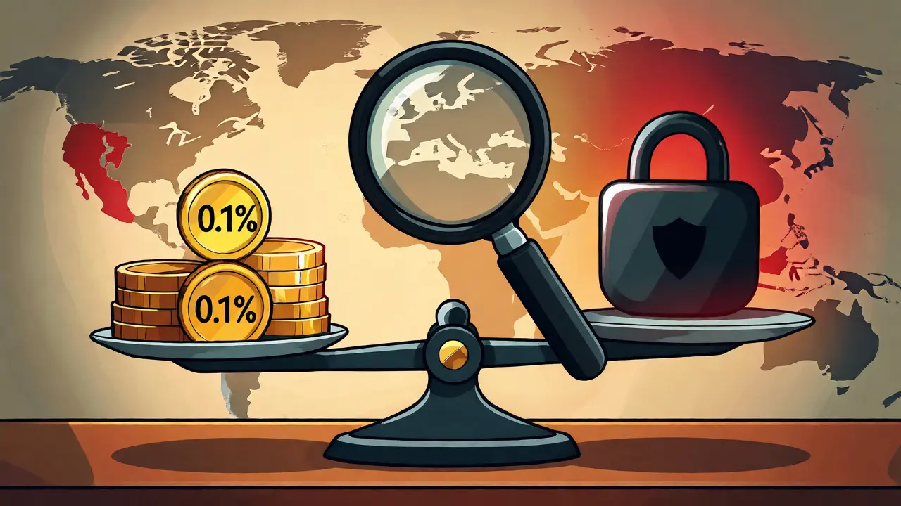 Balance scale comparing low trading fees against security risks.