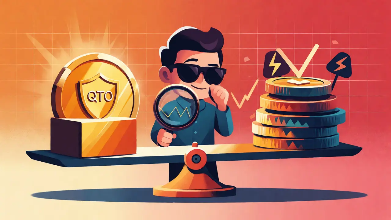 Balanced scale comparing QTO token stability and volatile assets