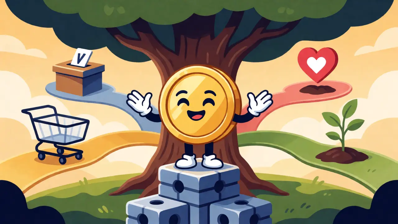 Cartoon character standing on blockchain blocks with utility icons