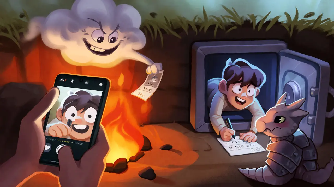 Cartoon comparing risky cloud seed storage with secure offline paper and steel backup methods.