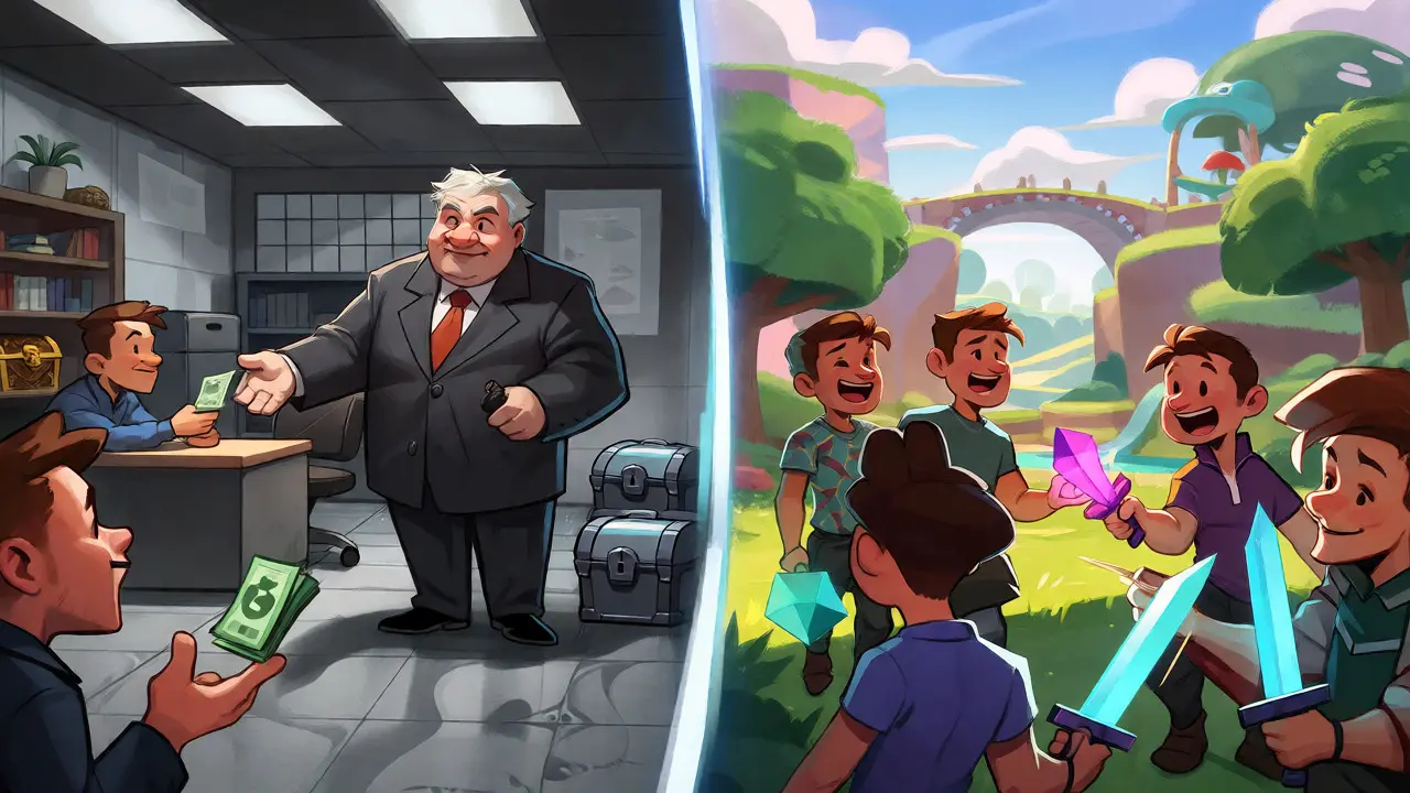 Cartoon comparison showing players owning assets in Web3 versus renting them in traditional games.