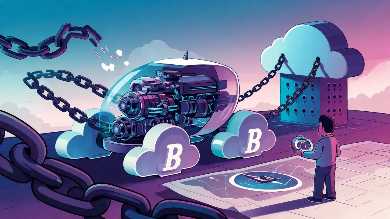 Cartoon of hybrid blockchain vehicle balancing cloud infrastructure and custom code