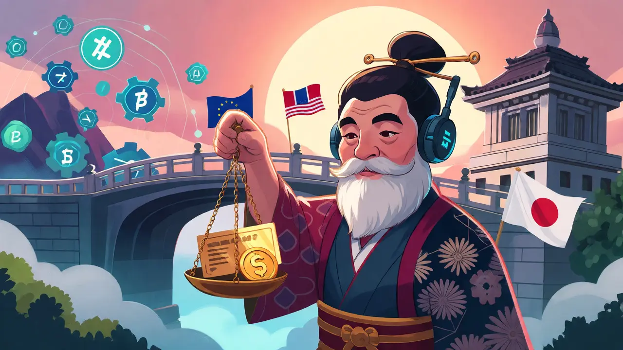 Cartoon regulator balancing stocks and tokens, bridging DeFi and traditional finance.
