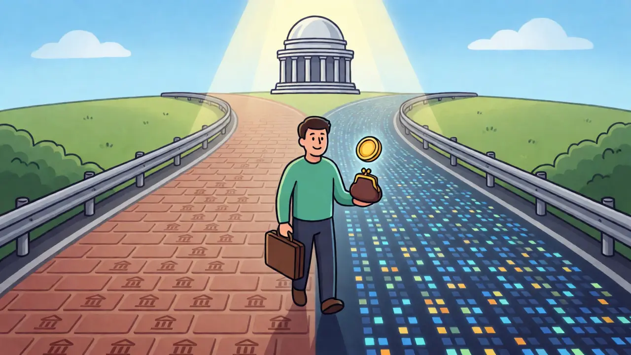 Cartoon showing the coexistence of traditional banks and DeFi rails in a hybrid financial system.
