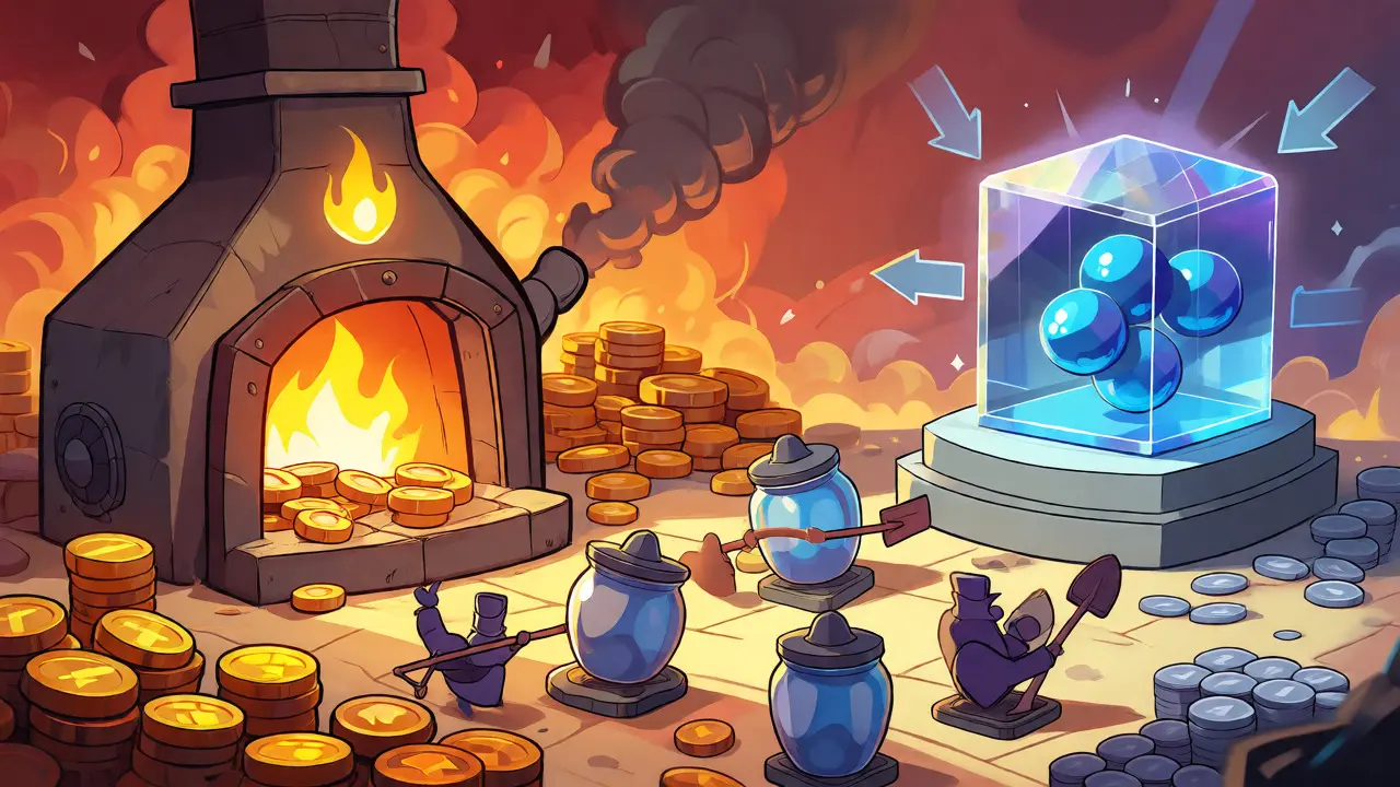 Cartoon visualization of token supply models comparing burning furnaces and fixed crystals