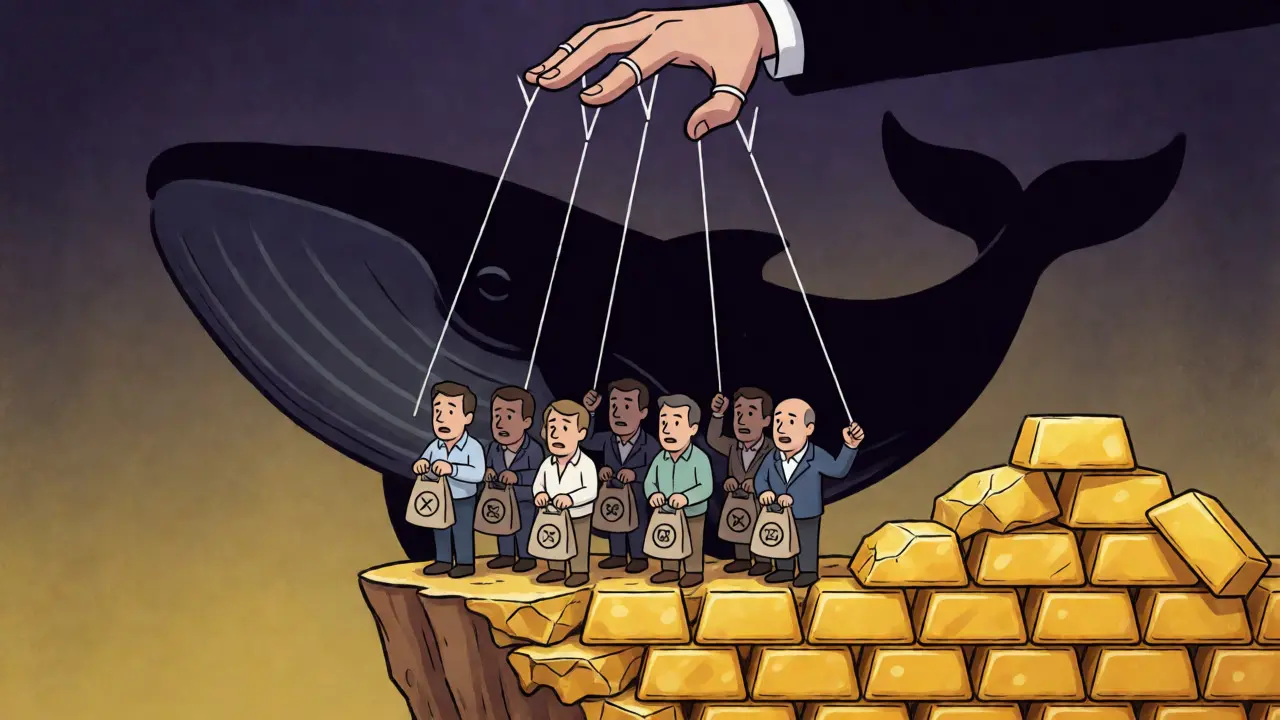 Cartoon whales manipulating market while retail investors hold bags on a cliff