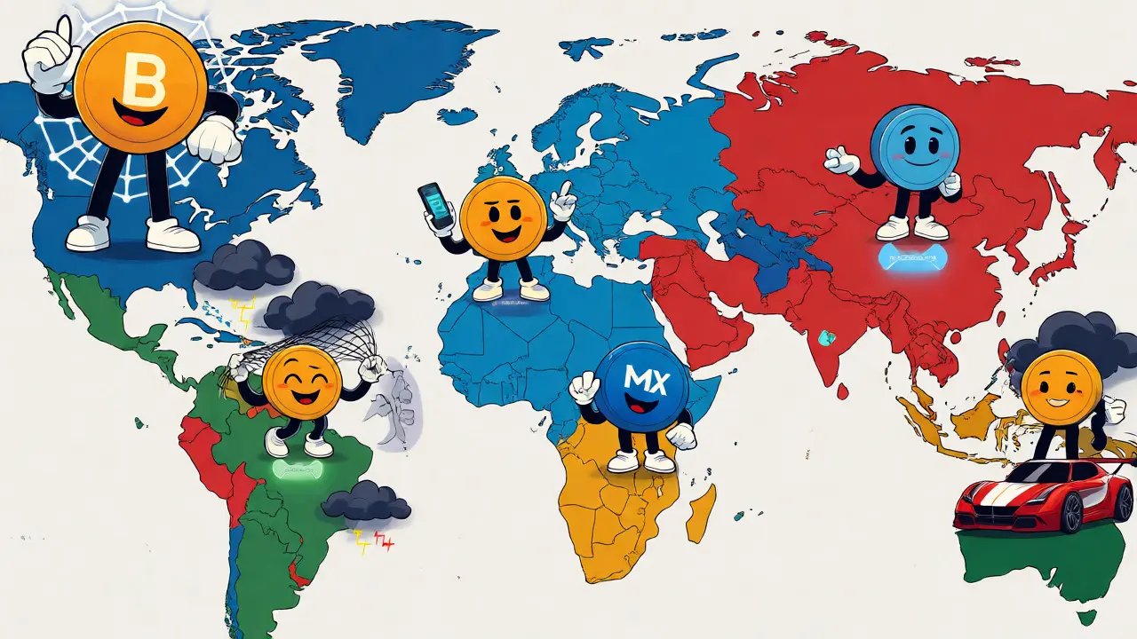 Cartoon world map with giant token mascots representing regional market dominance
