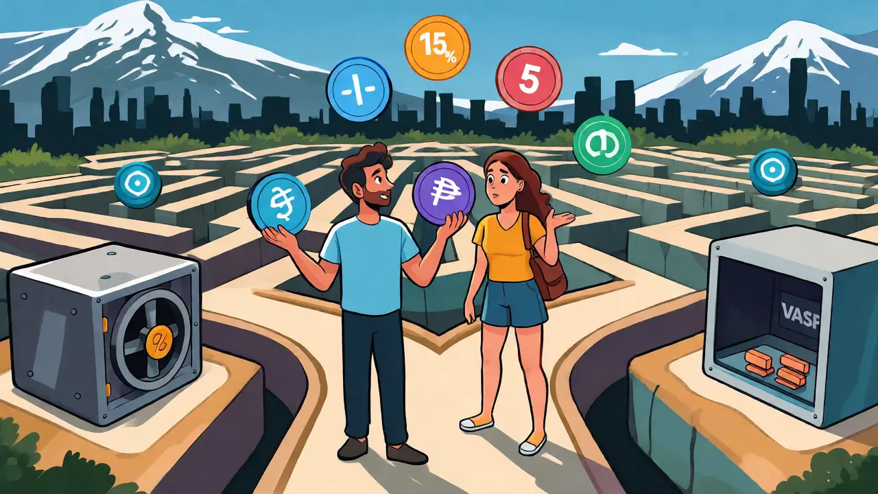 Citizens navigating a financial maze between banks and crypto kiosks
