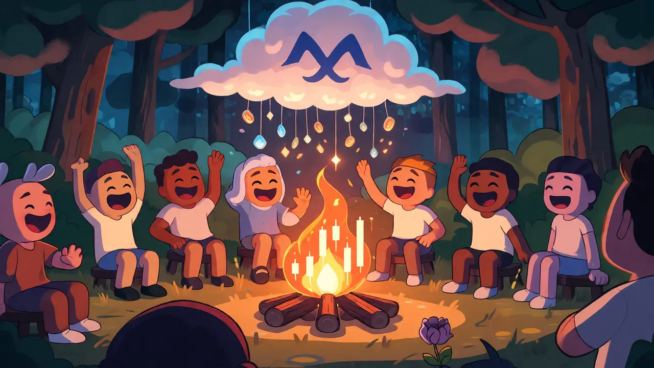 Community gathering around chart-shaped campfire