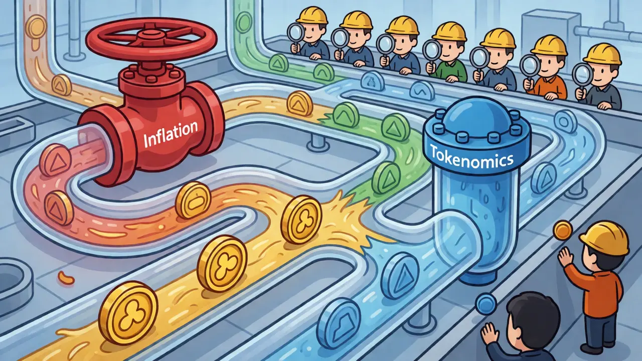 Cross-section of blockchain infrastructure showing tokenomics regulating supply and usage.