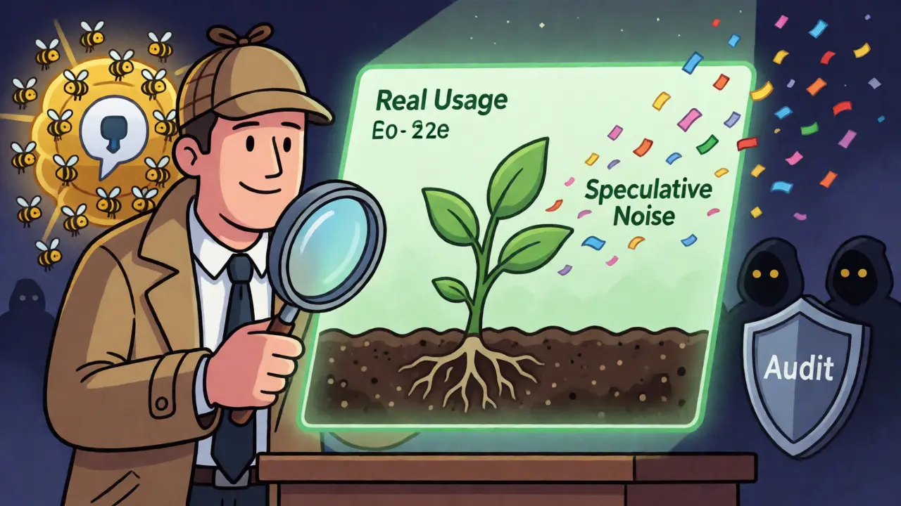 Detective analyzing on-chain data to distinguish real utility from speculative noise.
