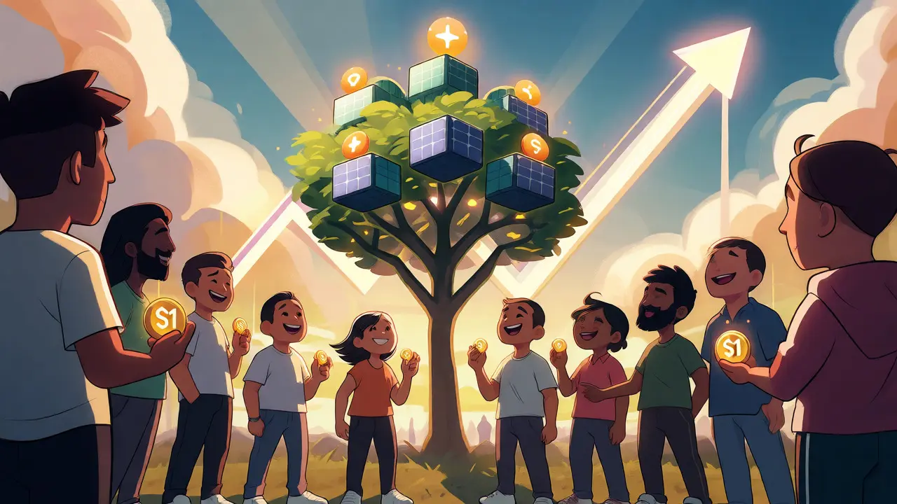 Group of cartoon users holding SXP tokens around a growing tech tree
