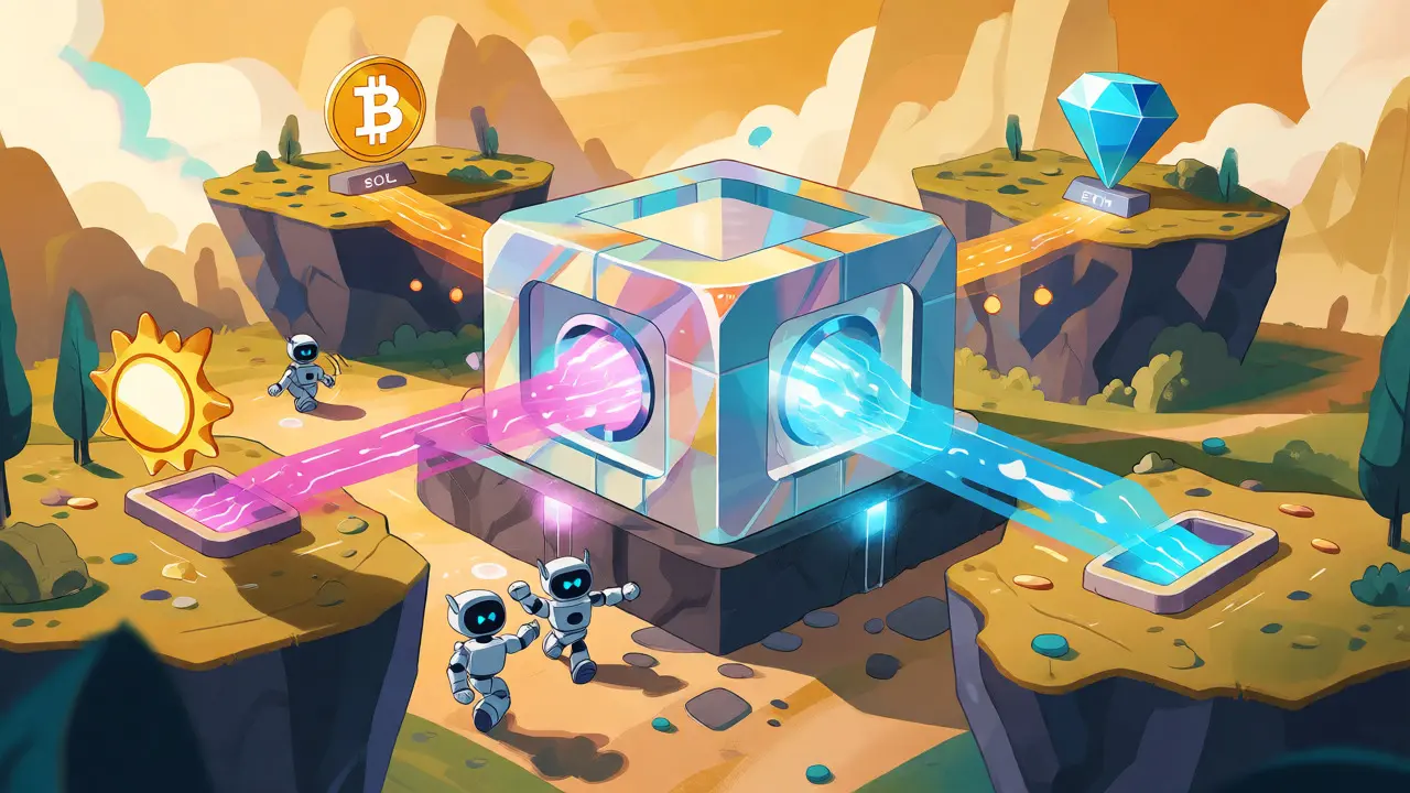 Illustration of a central vault distributing energy streams to multiple crypto asset islands via Smart Margin.