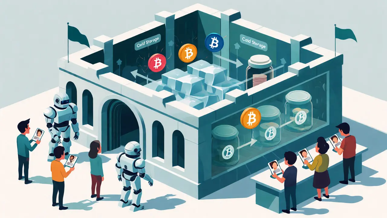 Illustration of a crypto exchange fortress with cold storage and KYC guards.