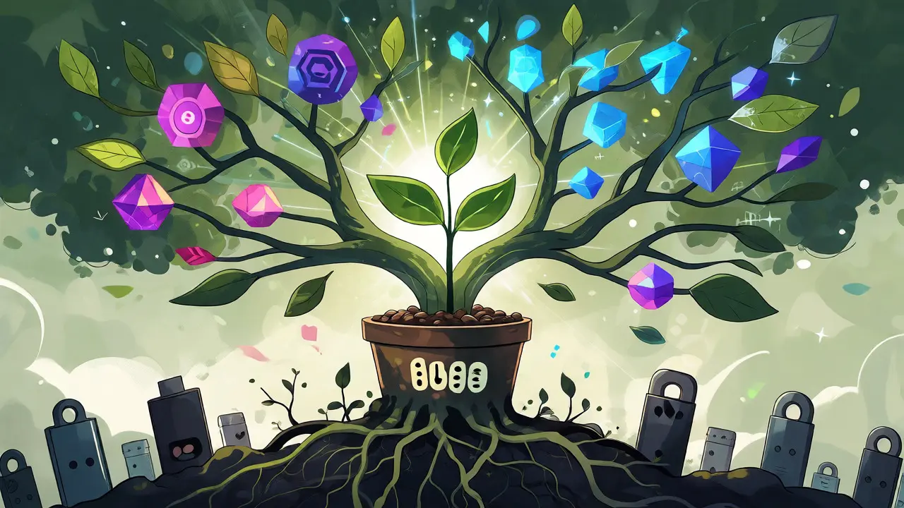 Illustration of a tree growing from a seed phrase, branching out into multiple digital keys and addresses.