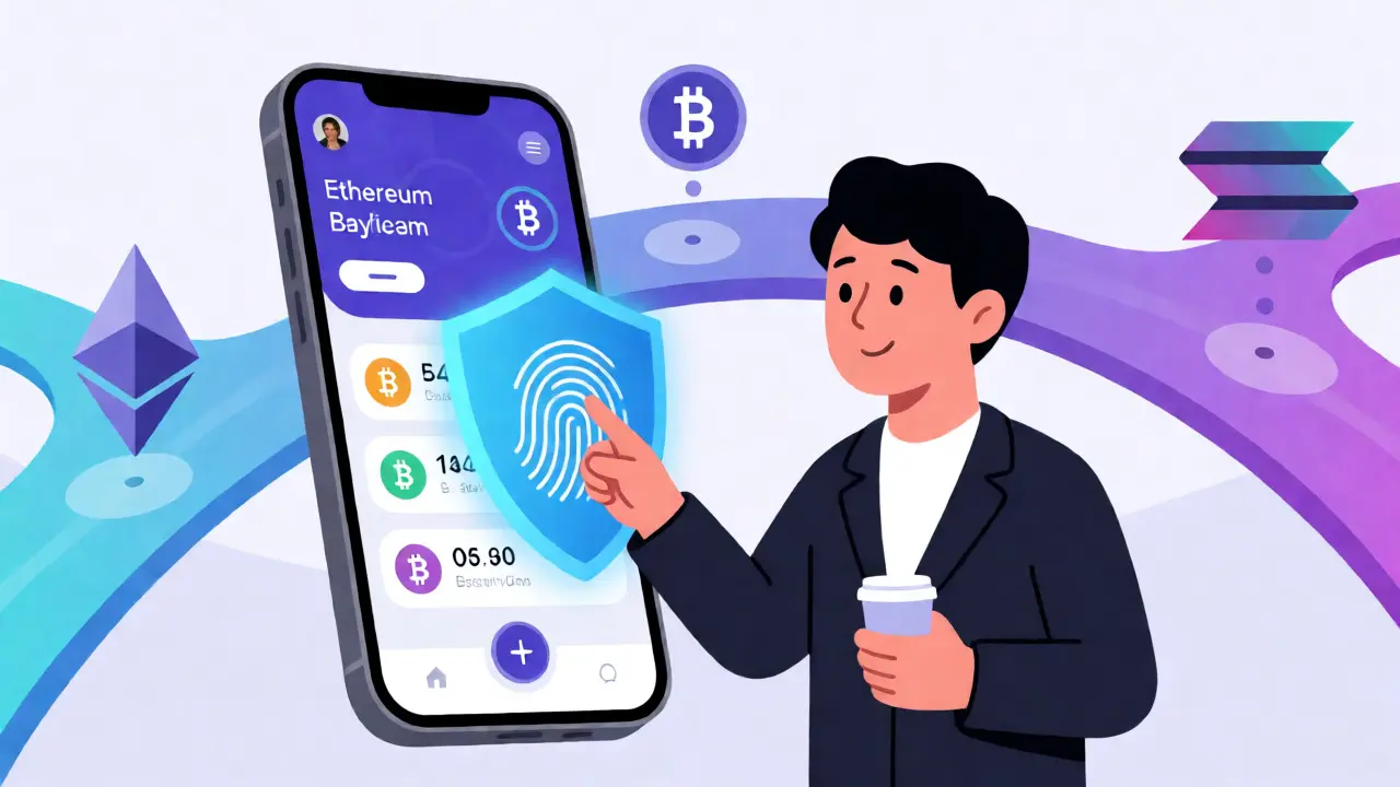 Illustration of a user securely accessing DeFi apps with biometric auth and multi-chain tech.
