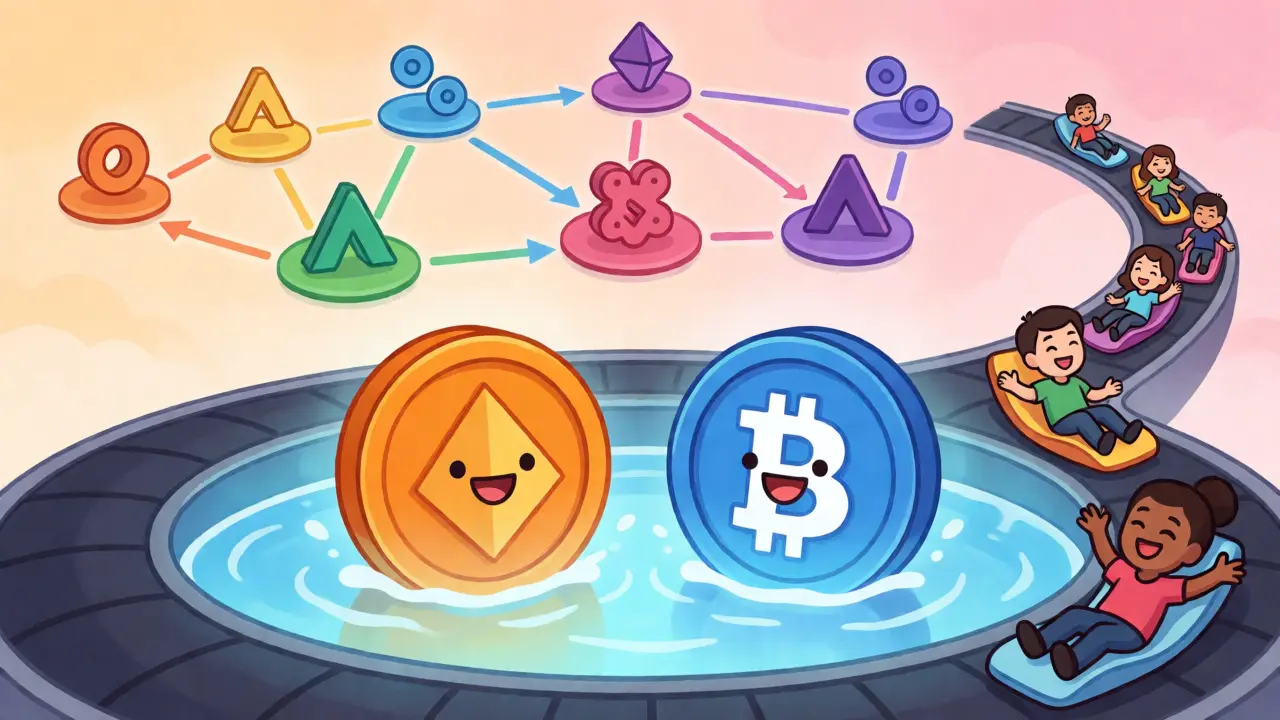 Illustration of tokens entering liquidity pools across multiple blockchain networks with varying costs