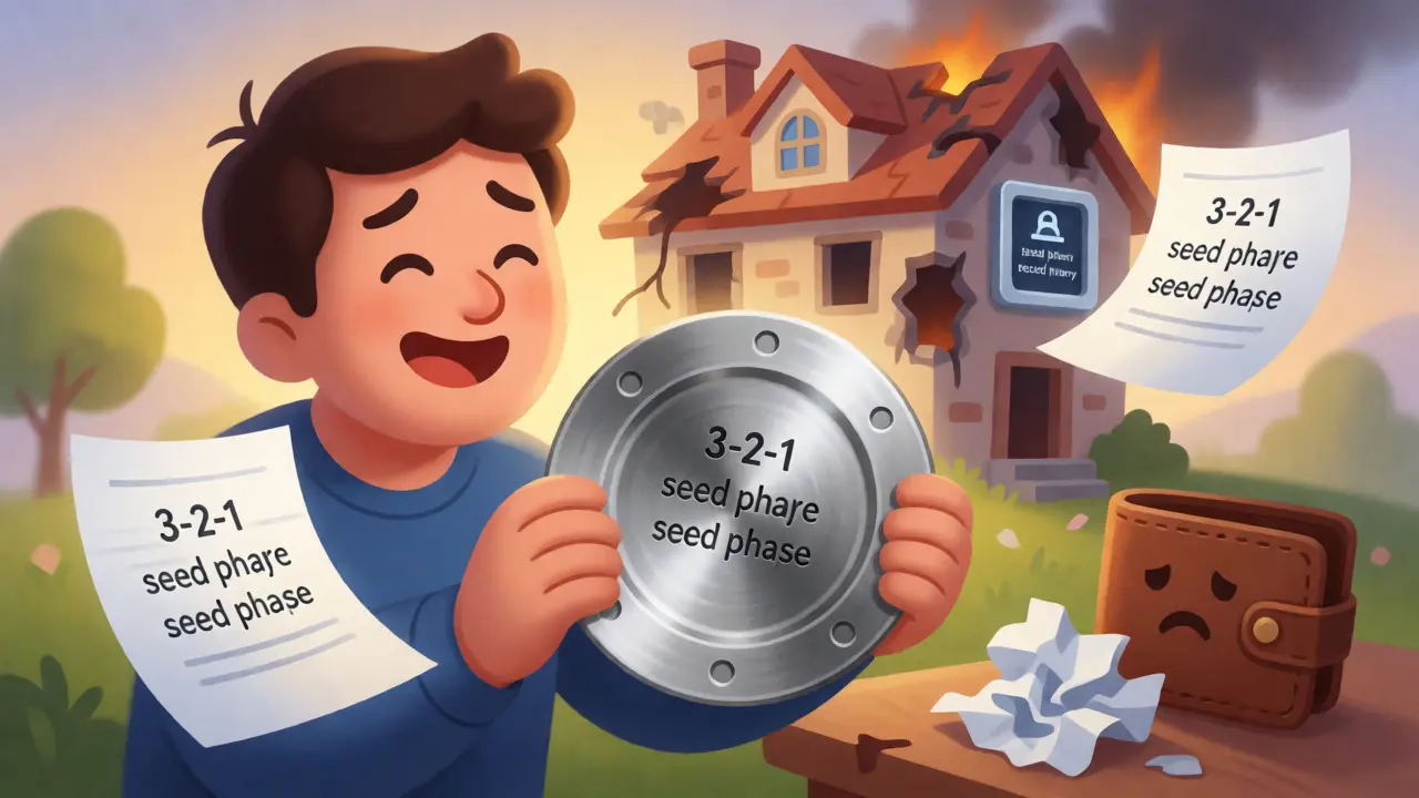 Illustration showing a user saving crypto funds using a metal seed phrase backup