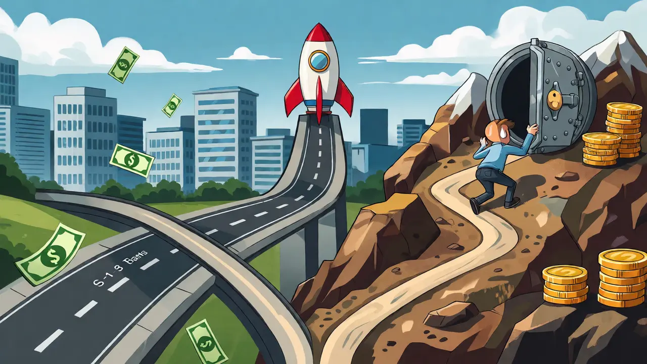 Illustration showing fast low-cost blockchain path vs slow expensive custom route