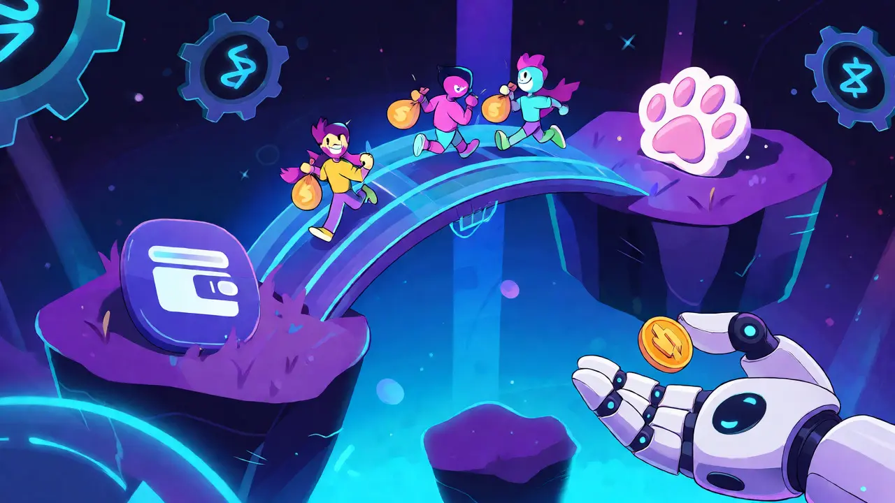 Neon bridge connecting wallets to fur-themed island