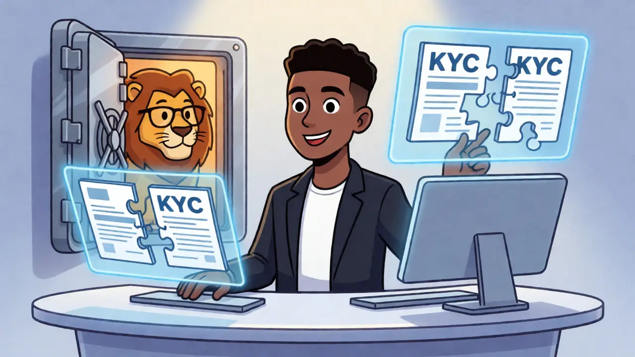 Nigerian trader organizing digital assets with cartoonish tax and KYC tools