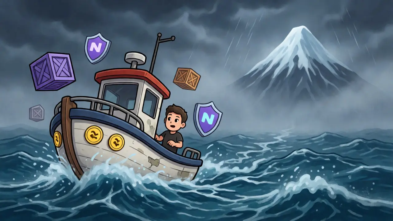 Small boat navigating volatile market waters toward a distant growth peak