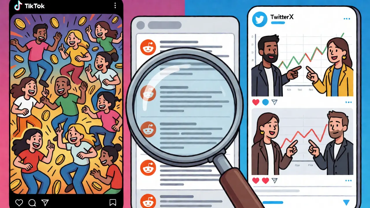 Split-screen cartoon showing TikTok chaos vs Twitter trends driving crypto prices