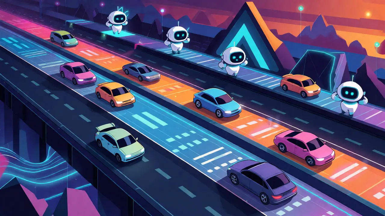 Stylized cartoon visualization of the Avalanche Subnet network with data lanes and nodes.