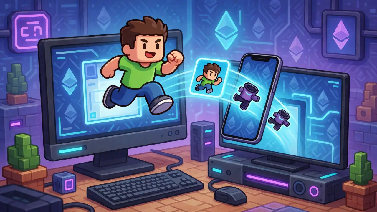 Stylized gamer moving seamlessly across PC, mobile, and console platforms