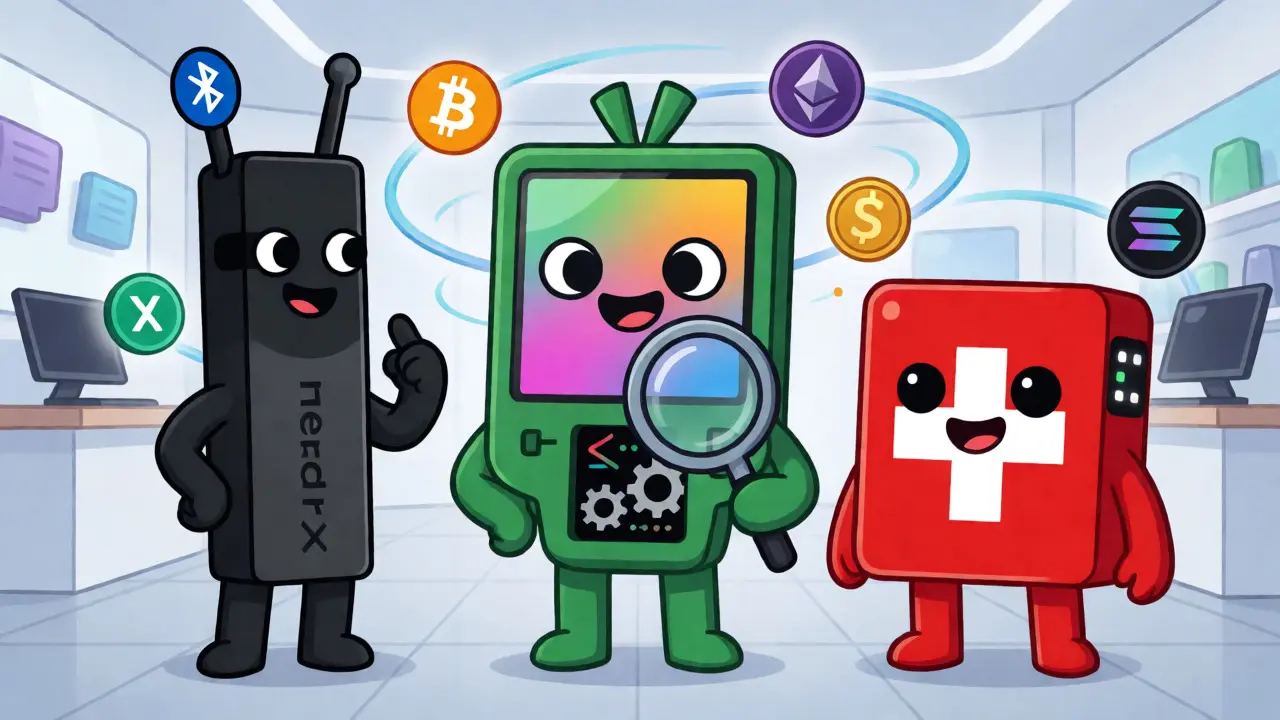 Three cartoon hardware wallet mascots representing Ledger, Trezor, and BitBox brands