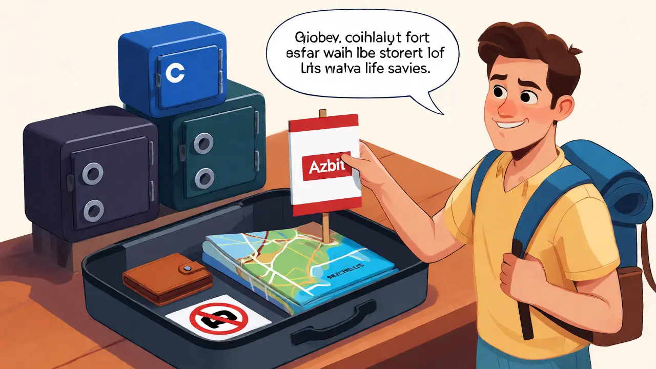 Traveler packing a suitcase with crypto tools and travel warnings.