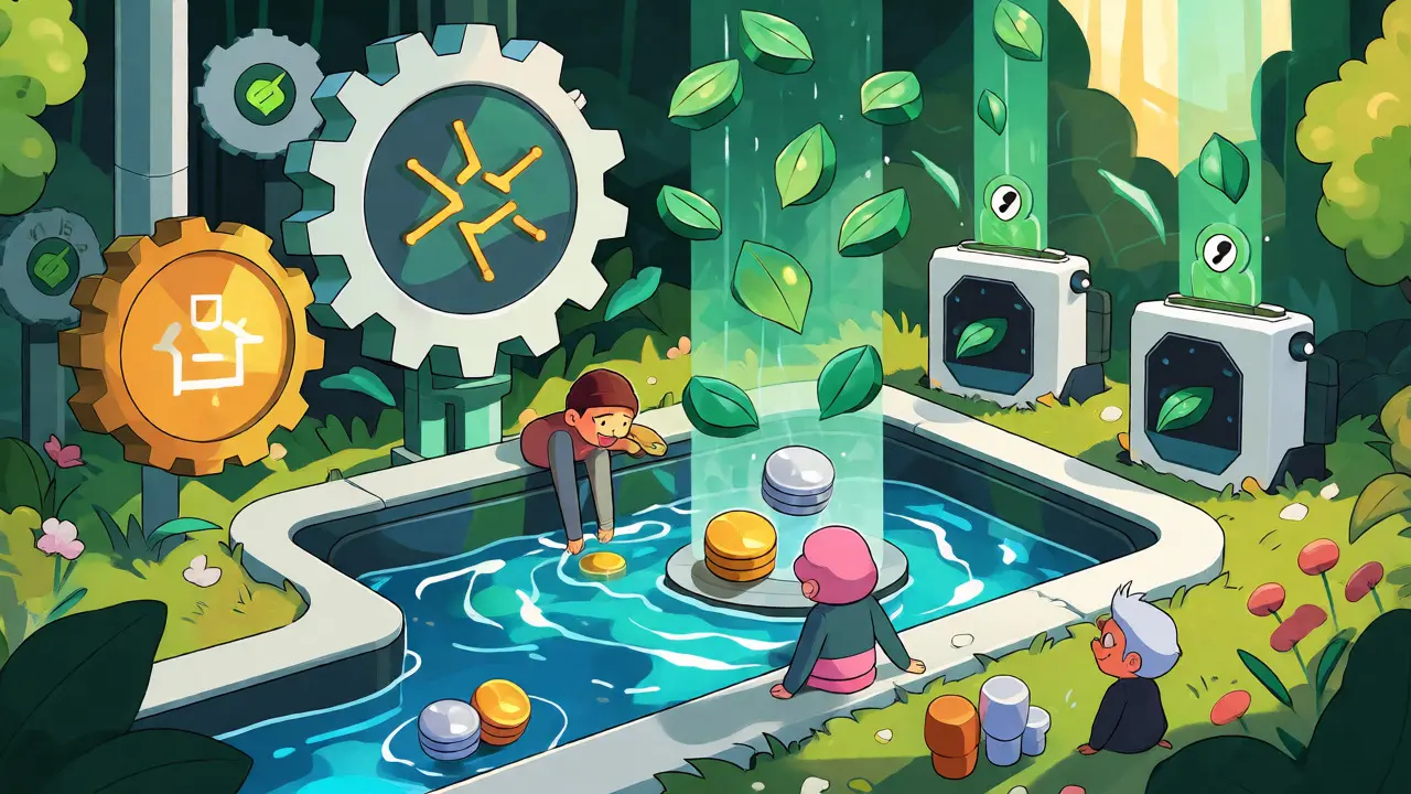 Cartoon visualization of a DeFi garden where users provide liquidity to grow token rewards.