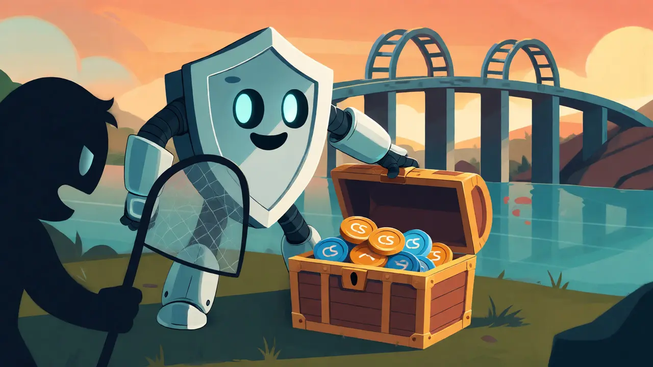 Shield robot protecting a treasure chest from a sneaky scammer in a cartoon style.